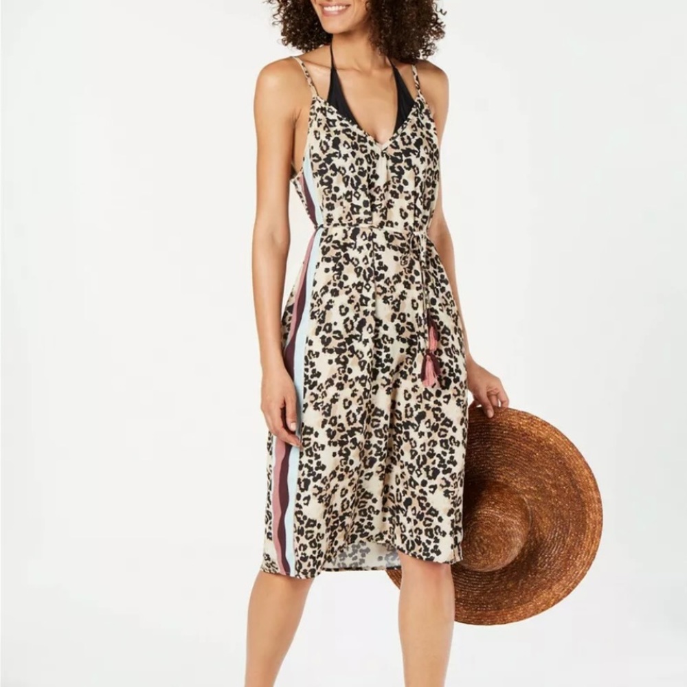 Miken Swim Cover Up Midi Dress Leopard Print Side Stripe Tassel Tie Belt NEW XS